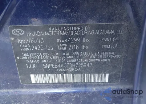 2013 Hyundai Sonata Gls from USA, damaged, VIN 5NPEB4AC3DH725942